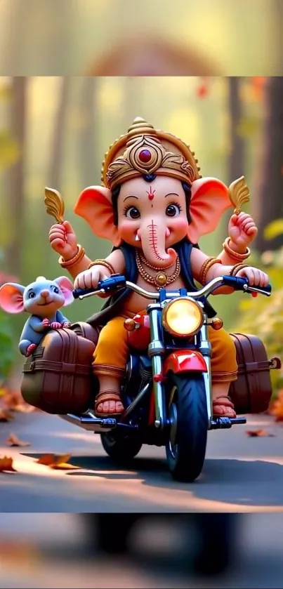 Cartoon elephant riding motorcycle in forest.