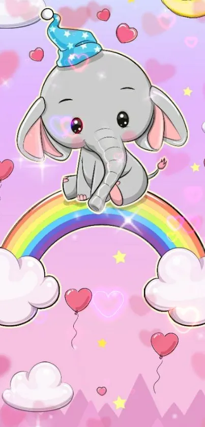 Cute cartoon elephant with balloons and rainbow on pink background.