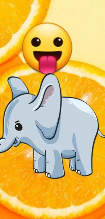 Cute cartoon elephant on orange slices with a fun emoji.