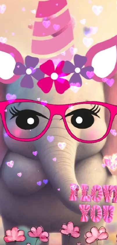 Cute elephant with unicorn hat and pink glasses, surrounded by hearts.