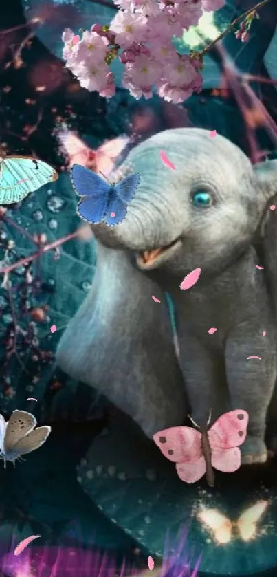 Cute elephant with butterflies in whimsical scene.