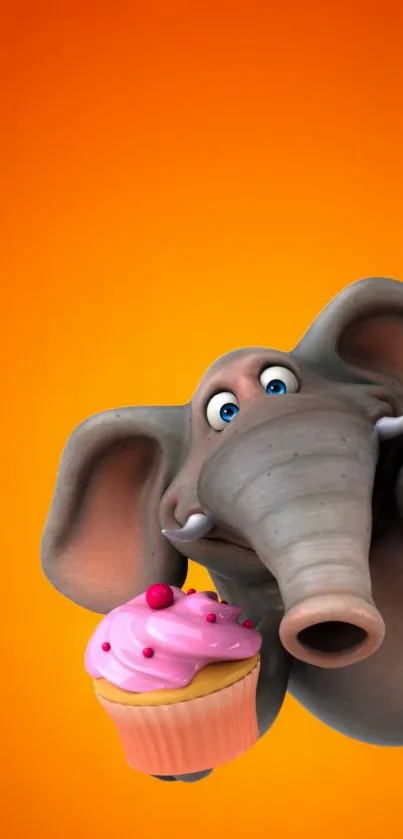 Cute elephant with cupcake on orange background.