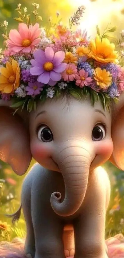 Cute elephant with a colorful floral crown.