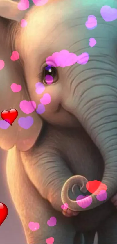 Adorable baby elephant with colorful hearts background.