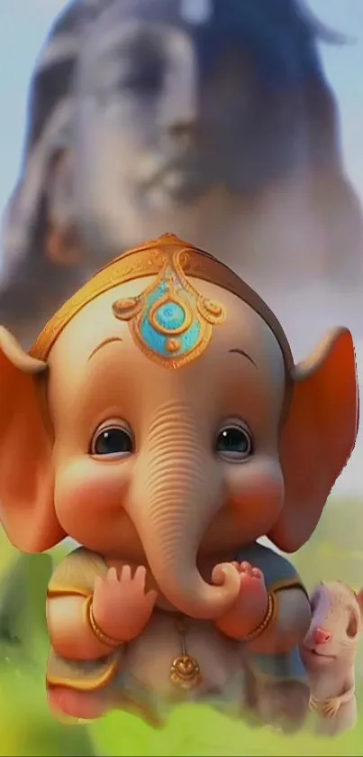 Cute baby elephant with spiritual idol in vibrant art style.