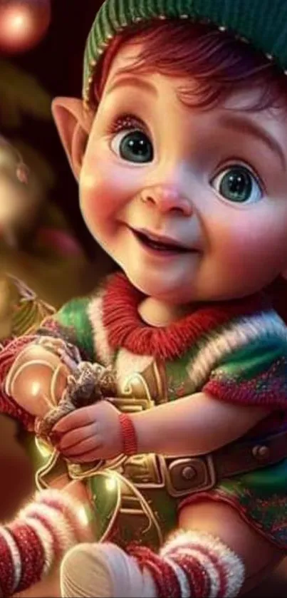 Adorable elf baby with Christmas lights creating a holiday atmosphere.