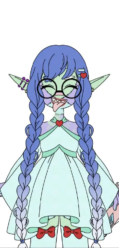 Cute elf with glasses and braids in a mint green dress on a mobile wallpaper.