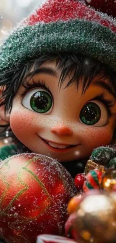 Festive animated elf with bright eyes and holiday decorations.