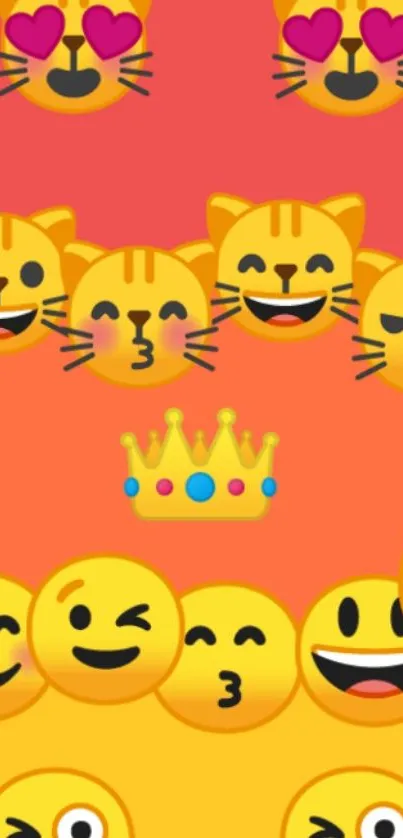 Cute emoji cats and smiley faces on an orange background.