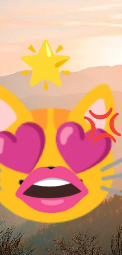 Cute emoji cat with heart eyes over a mountain sunset.