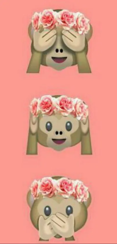 Three cute emoji monkeys with flower crowns on a pink background.