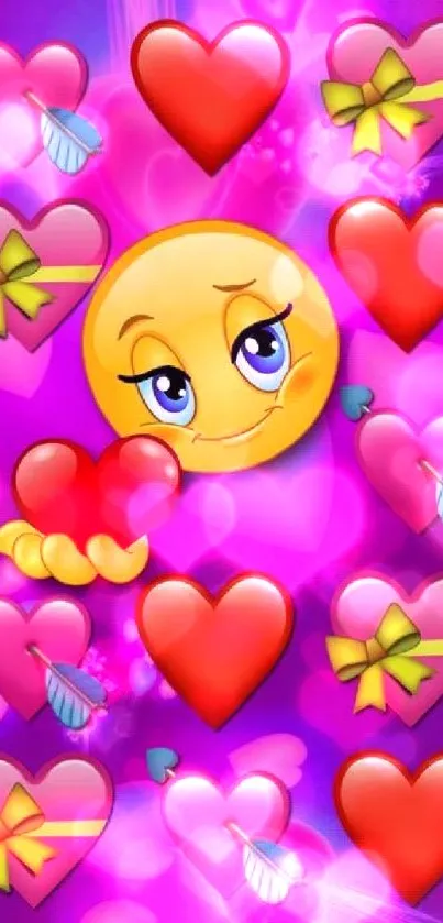 Smiling emoji with red and pink hearts on a purple background wallpaper.