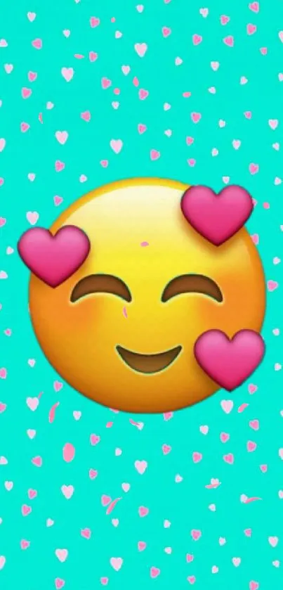 Heart emoji wallpaper with turquoise background and pink hearts.