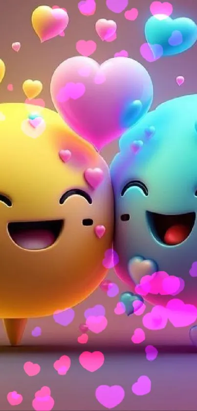 Cute emoji wallpaper with colorful hearts and smiling faces.