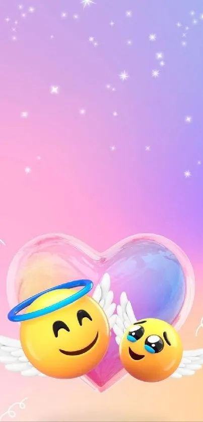 Colorful emoji heart wallpaper with wings and stars.