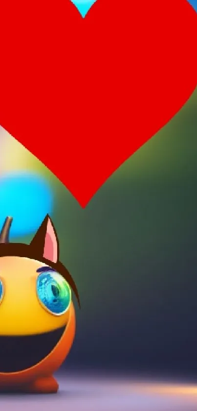 Cute emoji with red heart on colorful mobile wallpaper.