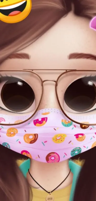 Cute cartoon girl with glasses and a donut-patterned face mask.