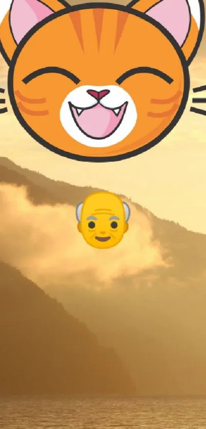 Cute cat and smiling emoji over a sunset mountain landscape.