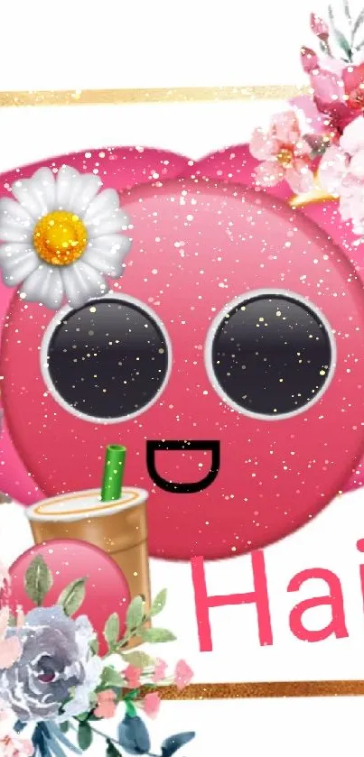 Cute pink emoji wallpaper with flowers and fun details.