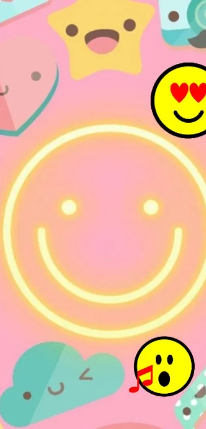 Pink wallpaper with happy emojis and smiley faces.