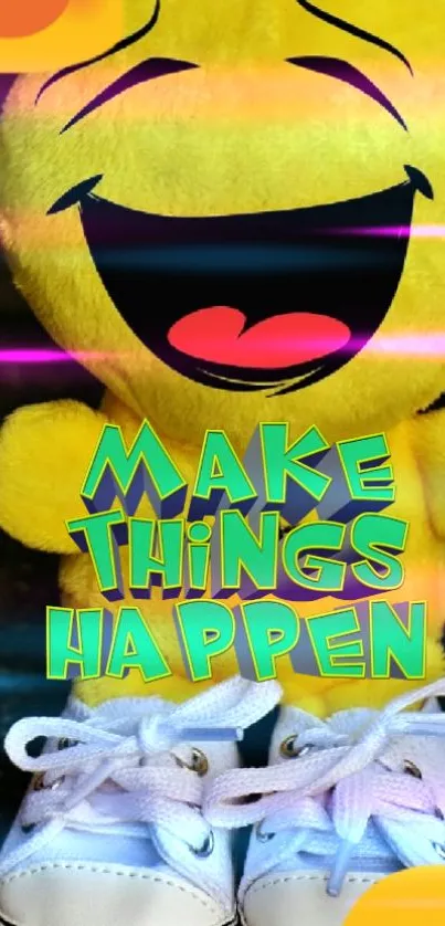Cute yellow emoji plush toy with shoes on a dark background.