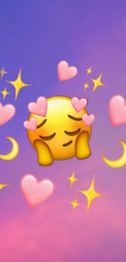 Cute emoji wallpaper with hearts, stars, and a purple-pink sky.