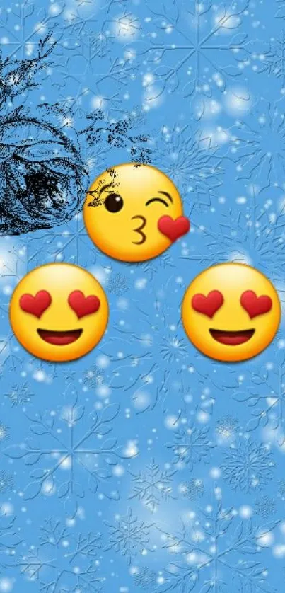 Cute winter emoji wallpaper with blue snowflakes and heart emojis.