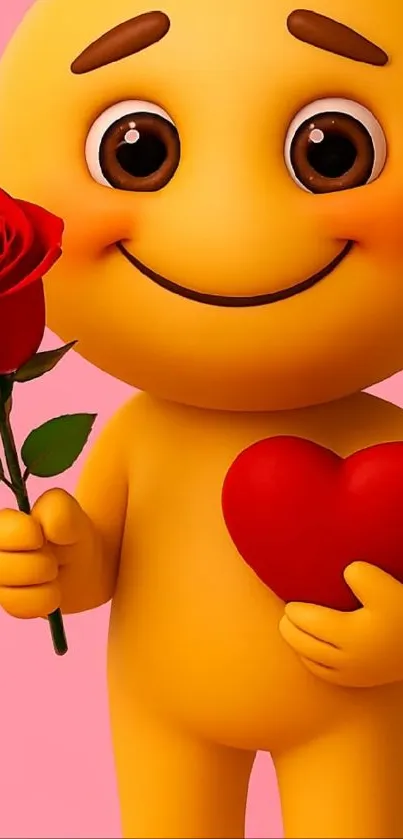 Cute emoji holding a rose and heart on a pink background.