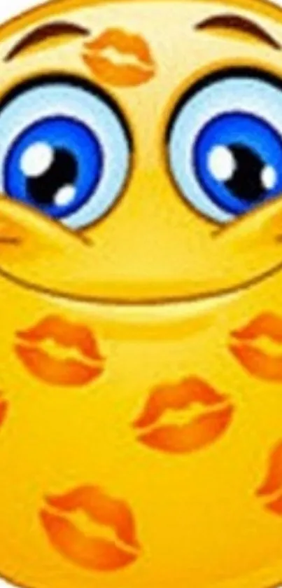 Cute emoji covered in kiss marks with blue eyes on a yellow background.