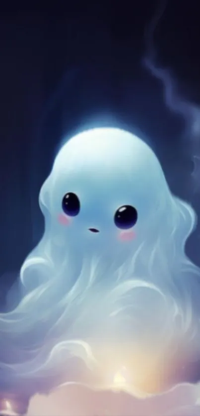 Cute ethereal spirit glowing on a dark mobile wallpaper background.