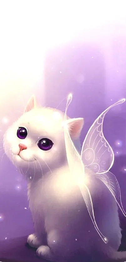 Adorable wallpaper of a white fairy cat with wings against a purple background.