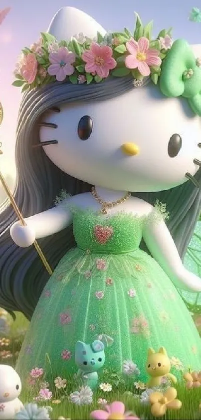 Cute cartoon fairy character in green dress outdoors.