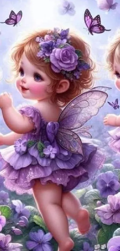 Cute fairy children in a field of purple flowers with butterflies.