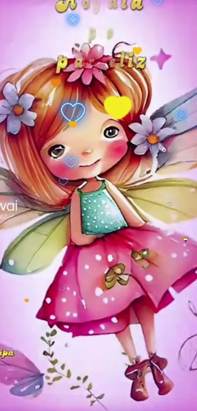 Adorable fairy girl with colorful wings and a pink dress.