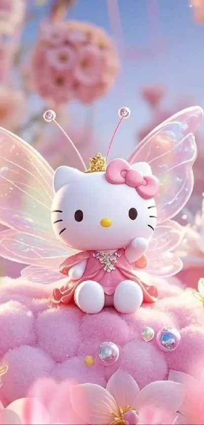 Hello Kitty with fairy wings on pink cloud.