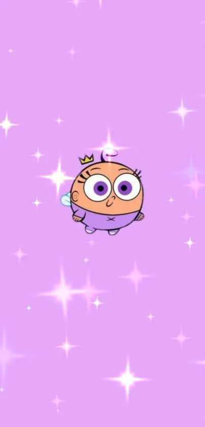 Cute cartoon fairy on a lavender background with twinkling stars.