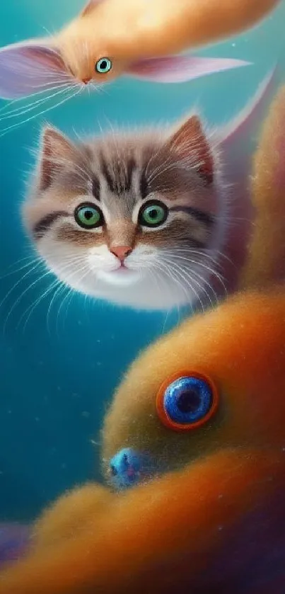 Fantasy wallpaper with a kitten and mythical creatures underwater.