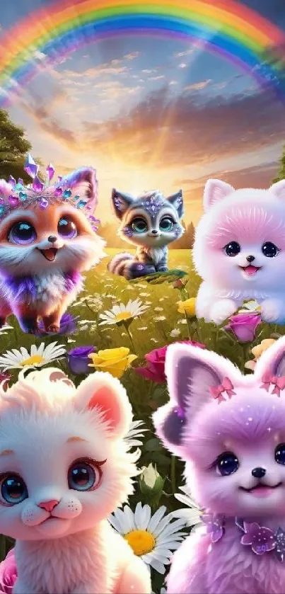 Cute fantasy animals under a rainbow in a vibrant nature setting.