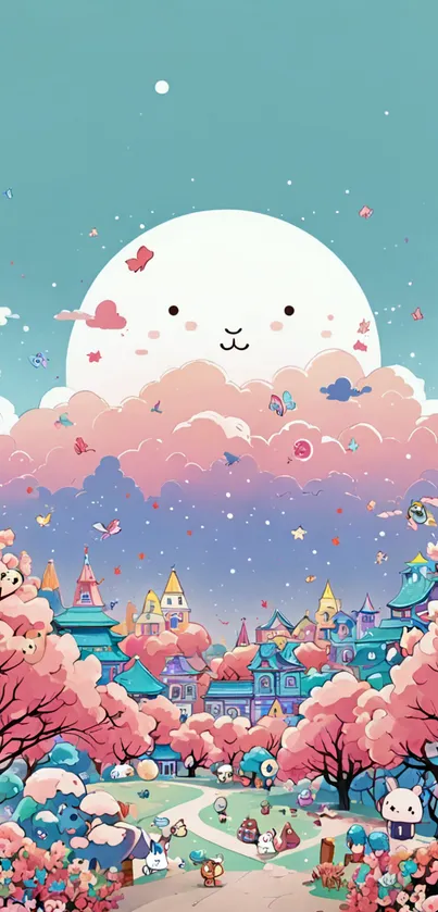 Whimsical anime wallpaper featuring a large moon and pastel fantasy village.