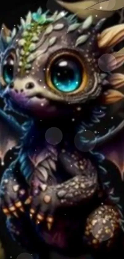 Cute baby dragon with big eyes in a mystical fantasy setting.