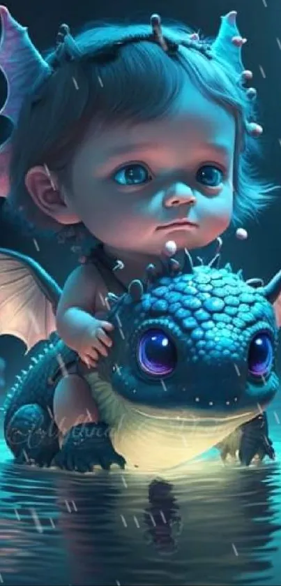 Cute baby sitting on a dragon in a magical night scene.