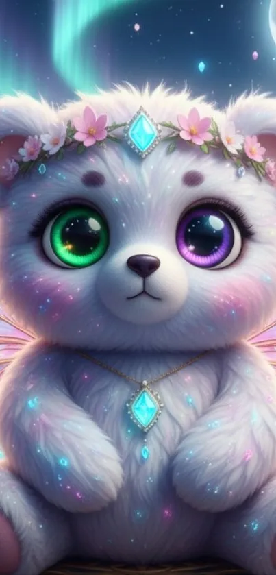 Cute fantasy bear with colorful eyes and magical wings under a starry sky.