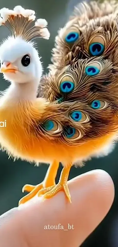 Fantasy bird with peacock feathers on a fingertip.