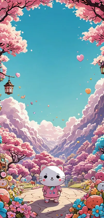 Cute cartoon cat in fantasy cherry blossom landscape with blue sky.