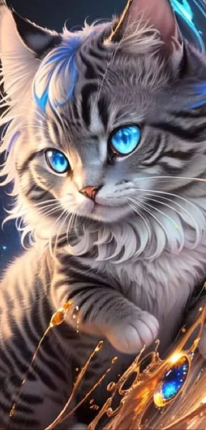 A fluffy kitten with blue eyes in a cosmic fantasy setting.