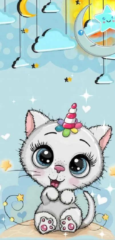 Adorable cartoon cat with unicorn horn in a dreamy, starry sky scene.