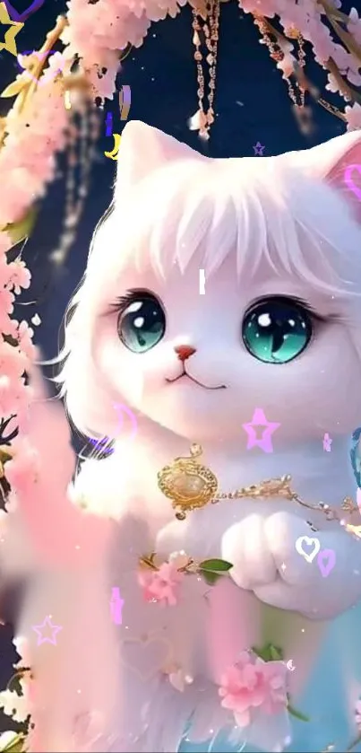 Cute fantasy cat with cherry blossoms on mobile wallpaper.