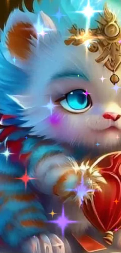 Adorable fantasy cat with blue eyes and gold accessories on an open book.