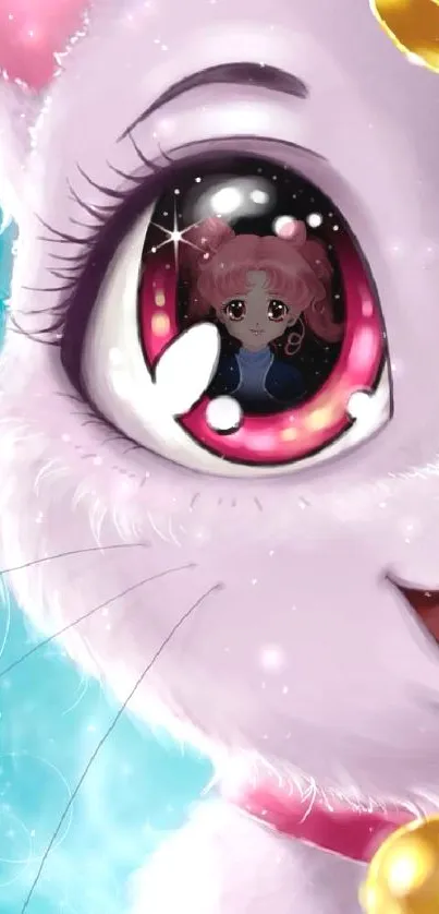 Cute cat with anime reflection in eye on wallpaper.