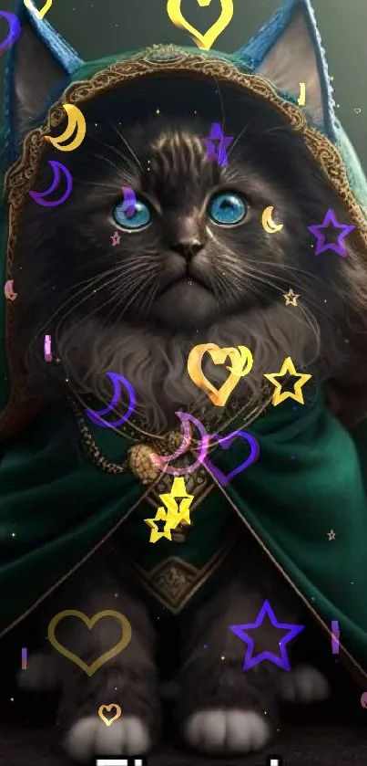 Fantasy cat with blue eyes in green cloak wallpaper.